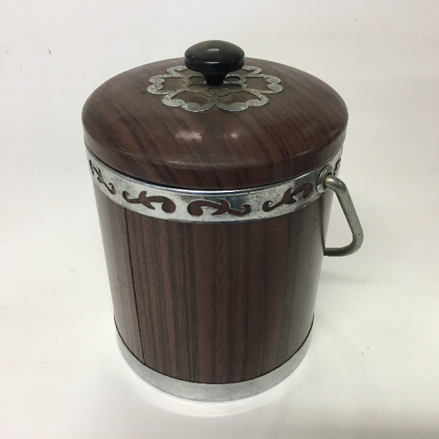 ICE BUCKET, 1970s Brown Faux Woodgrain w Silver Rim